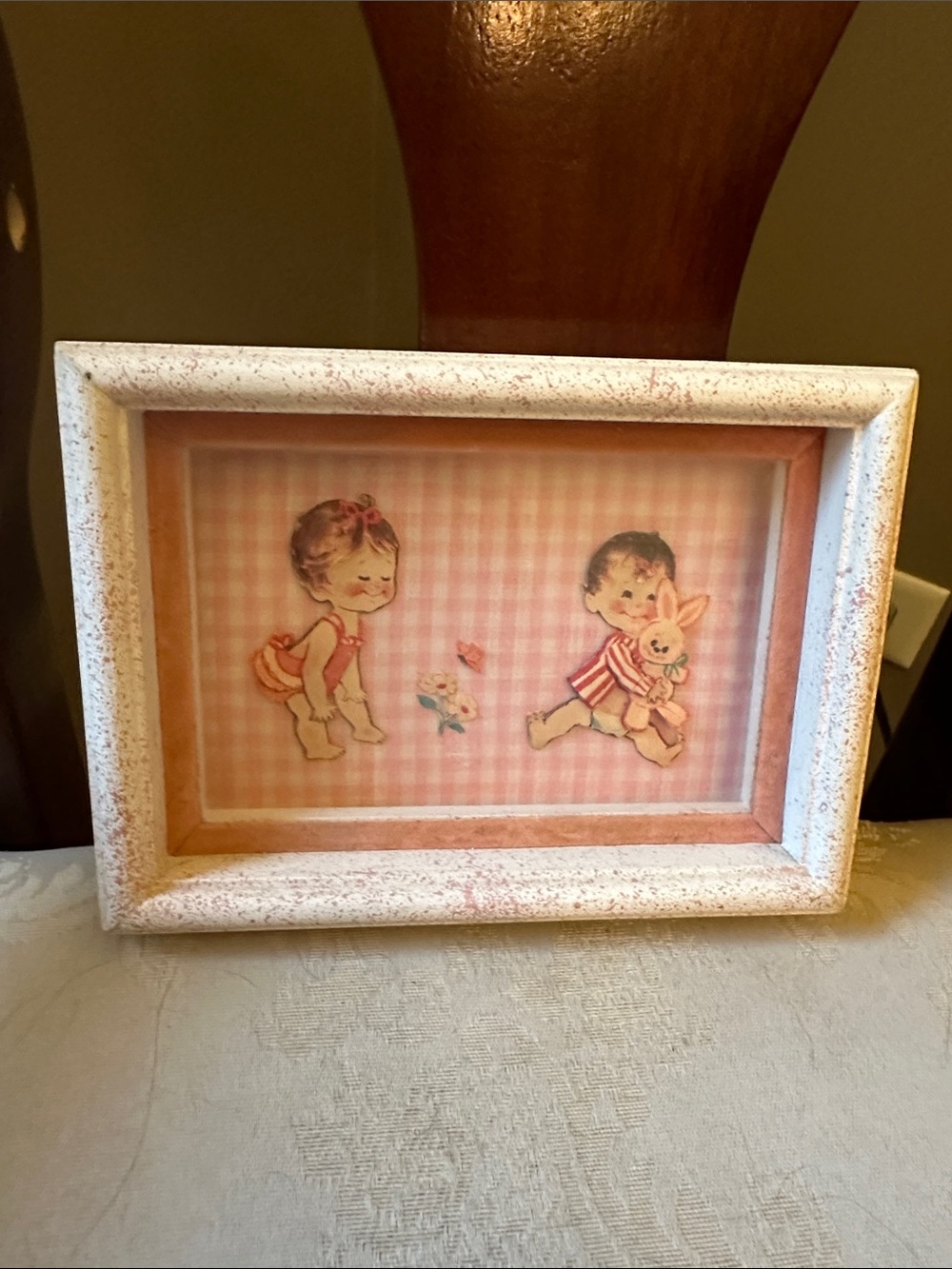Vintage 1969s spackle framed little boy and girl art w/gingham background, bunny